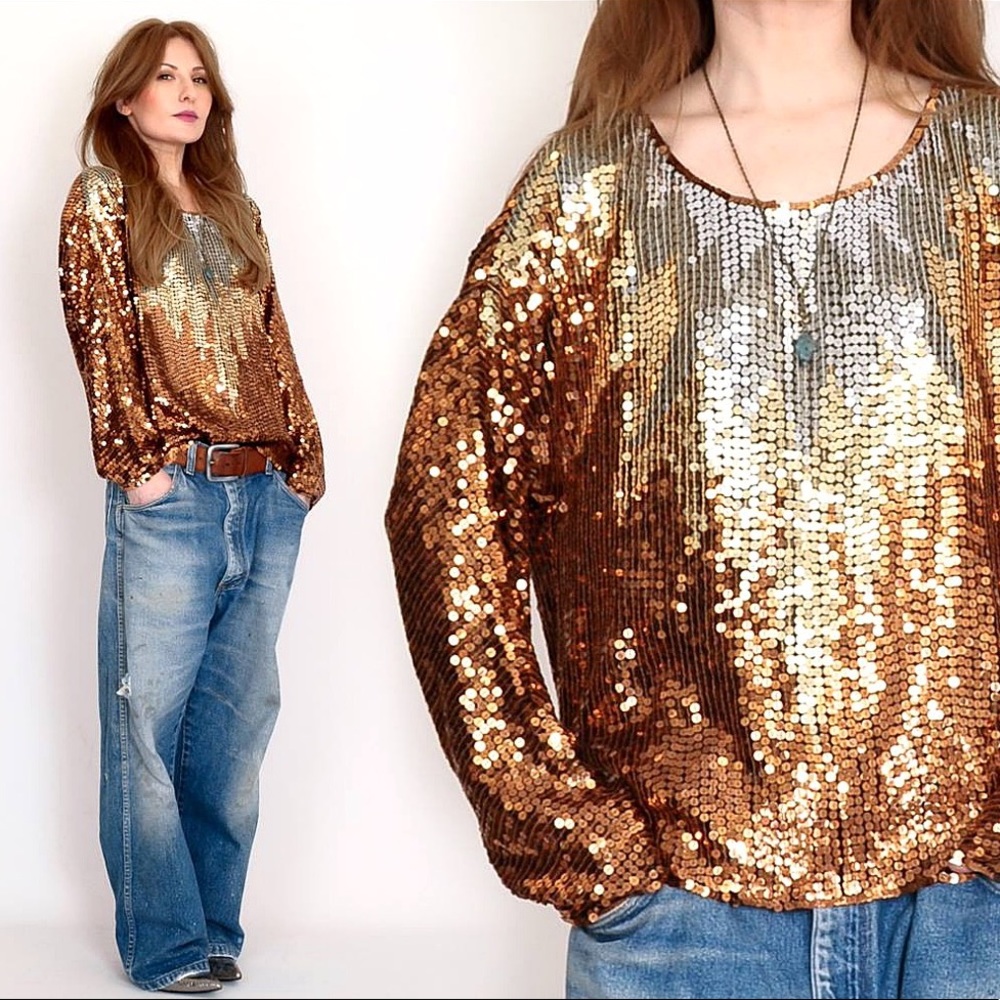Vintage Sequin Trophy Tunic Top Silver Gold Copper
